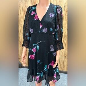 Polyester chiffon dress, DKNY floral print wrap midi dress with 3/4 sleeves.